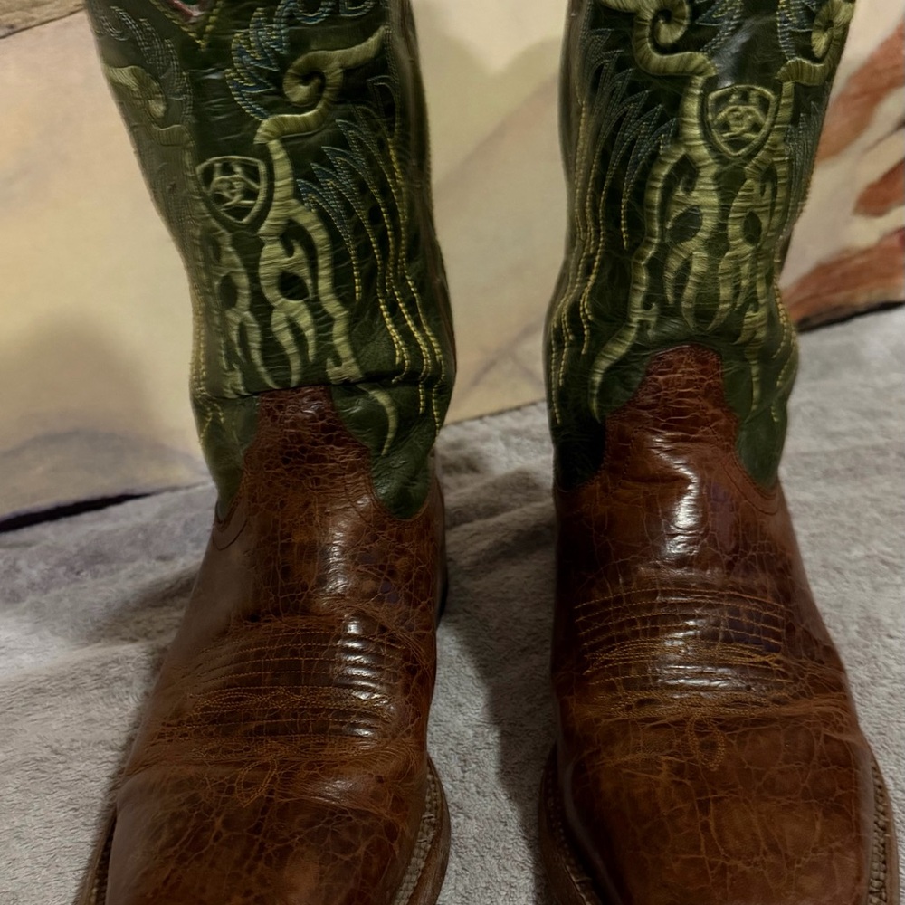 SOLD….  Ariat Men's Brown Leather and Green Shaft Western Boots